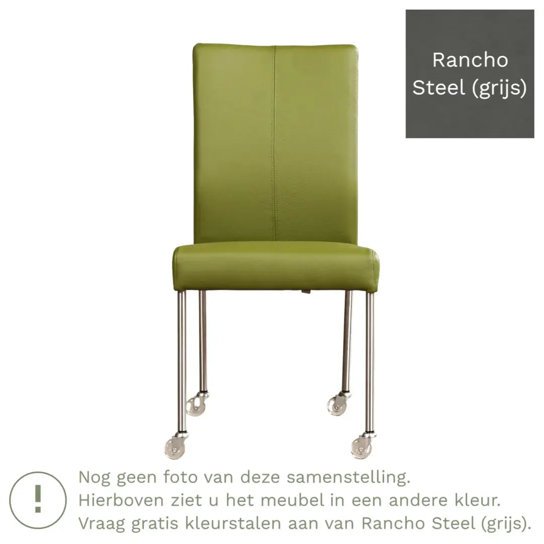 afbeelding van Leren eetkamerstoel Comfort met wieltjes - Rancho Steel (grijs) - Poten staal vierkant RVS