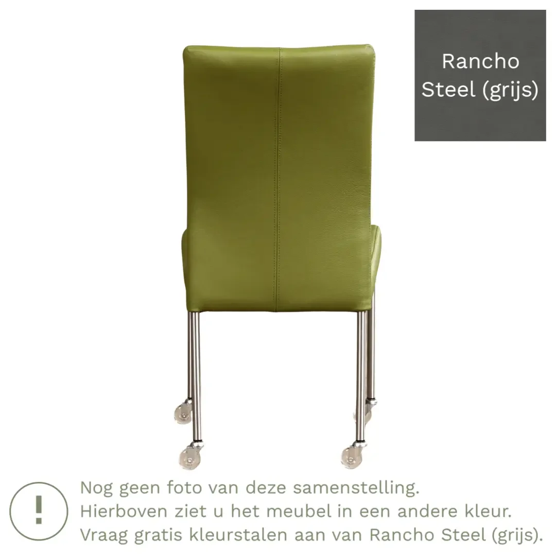 afbeelding van Leren eetkamerstoel Comfort met wieltjes - Rancho Steel (grijs) - Poten staal vierkant RVS