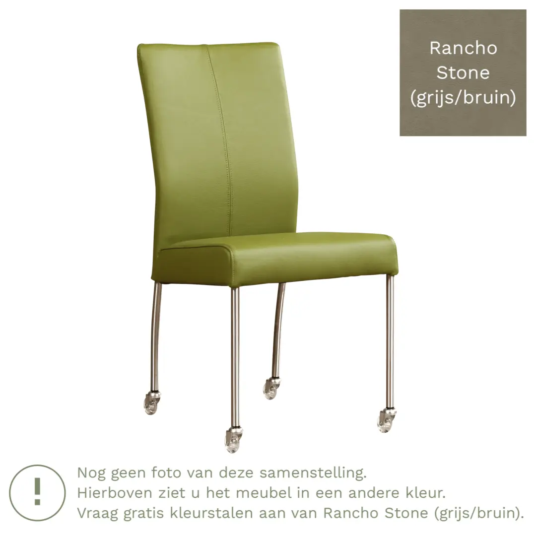 afbeelding van Leren eetkamerstoel Comfort met wieltjes - Rancho Stone (grijs/bruin) - Poten staal rond RVS