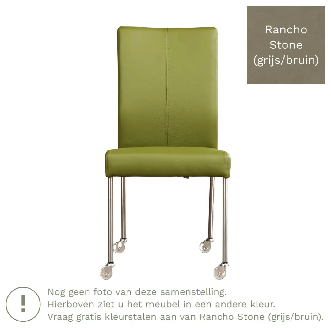 afbeelding van Leren eetkamerstoel Comfort met wieltjes - Rancho Stone (grijs/bruin) - Poten staal rond RVS