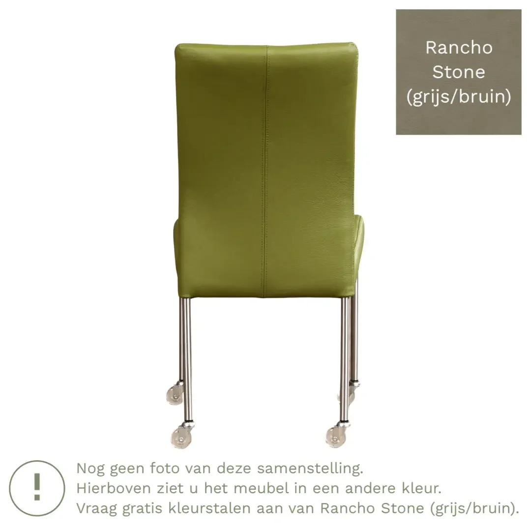 afbeelding van Leren eetkamerstoel Comfort met wieltjes - Rancho Stone (grijs/bruin) - Poten staal rond RVS