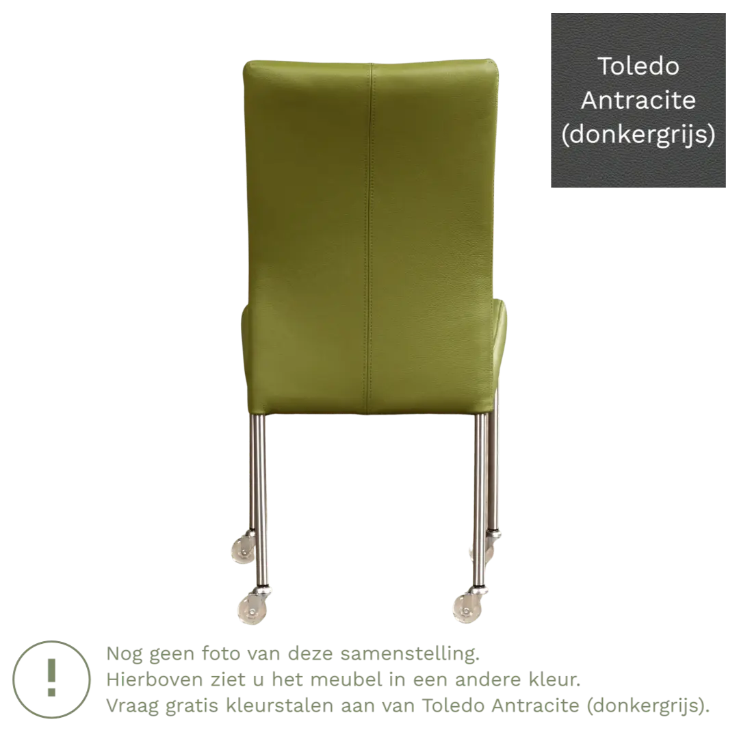 afbeelding van Leren eetkamerstoel Comfort met wieltjes - Toledo Antracite (donkergrijs) - Poten staal rond RVS