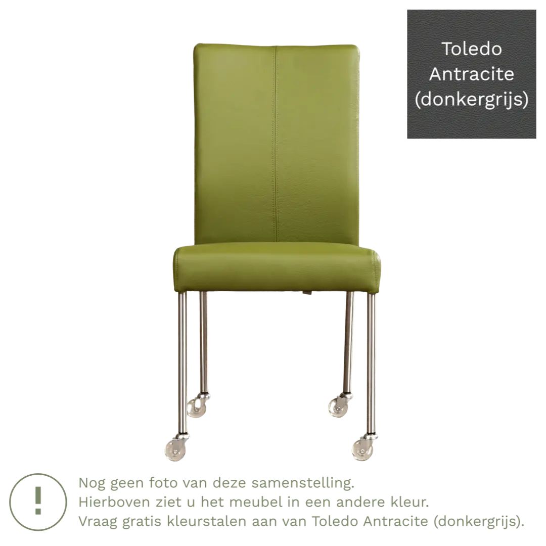 afbeelding van Leren eetkamerstoel Comfort met wieltjes - Toledo Antracite (donkergrijs) - Poten staal rond zwart