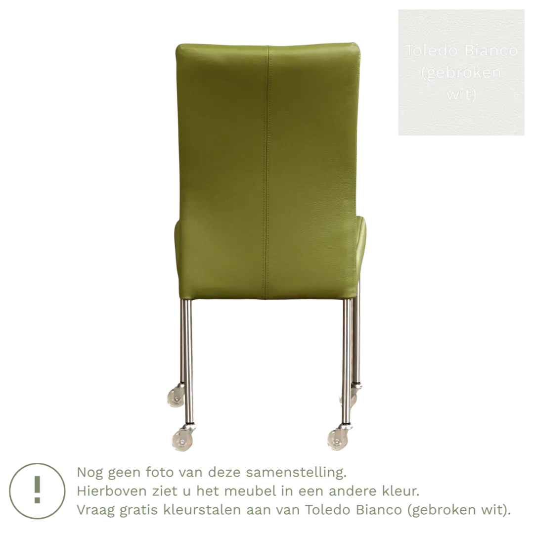 afbeelding van Leren eetkamerstoel Comfort met wieltjes - Toledo Bianco (gebroken wit) - Poten staal rond RVS