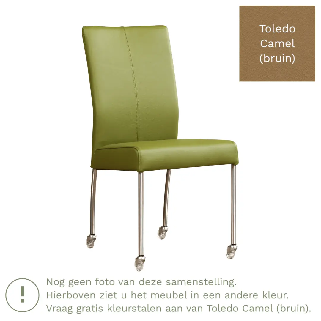 afbeelding van Leren eetkamerstoel Comfort met wieltjes - Toledo Camel (bruin) - Poten staal rond RVS
