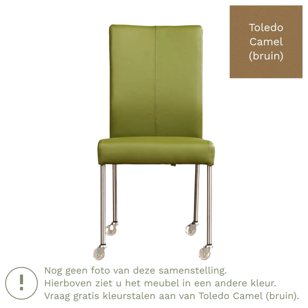 afbeelding van Leren eetkamerstoel Comfort met wieltjes - Toledo Camel (bruin) - Poten staal rond RVS