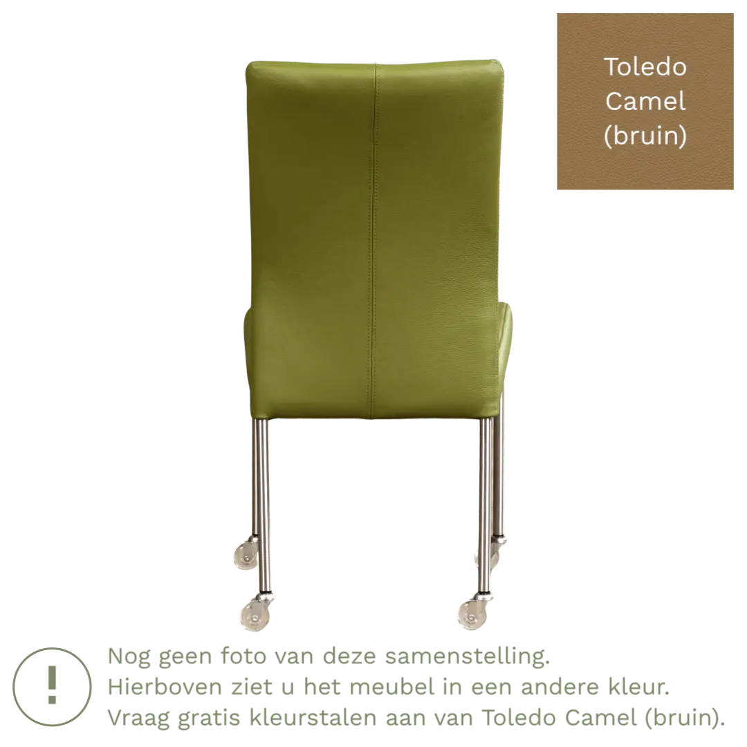 afbeelding van Leren eetkamerstoel Comfort met wieltjes - Toledo Camel (bruin) - Poten staal rond RVS
