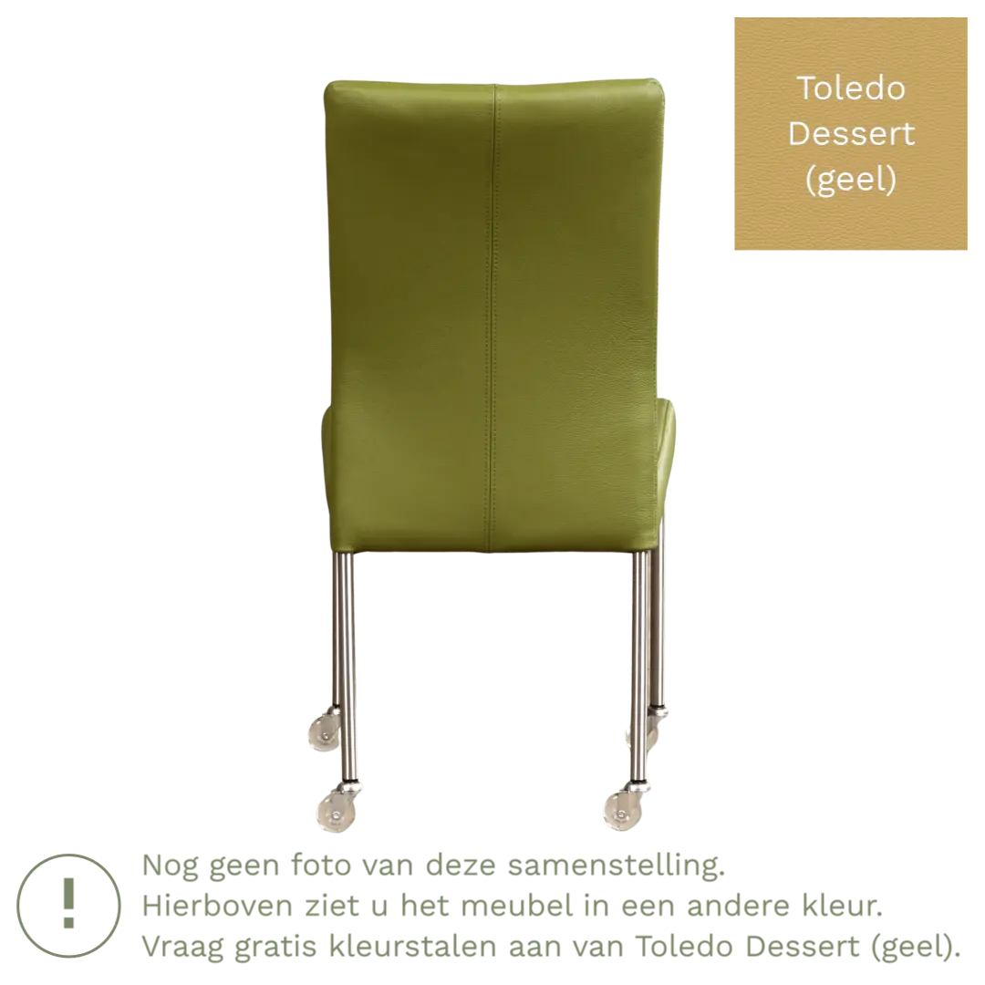 afbeelding van Leren eetkamerstoel Comfort met wieltjes - Toledo Dessert (geel) - Poten staal rond zwart