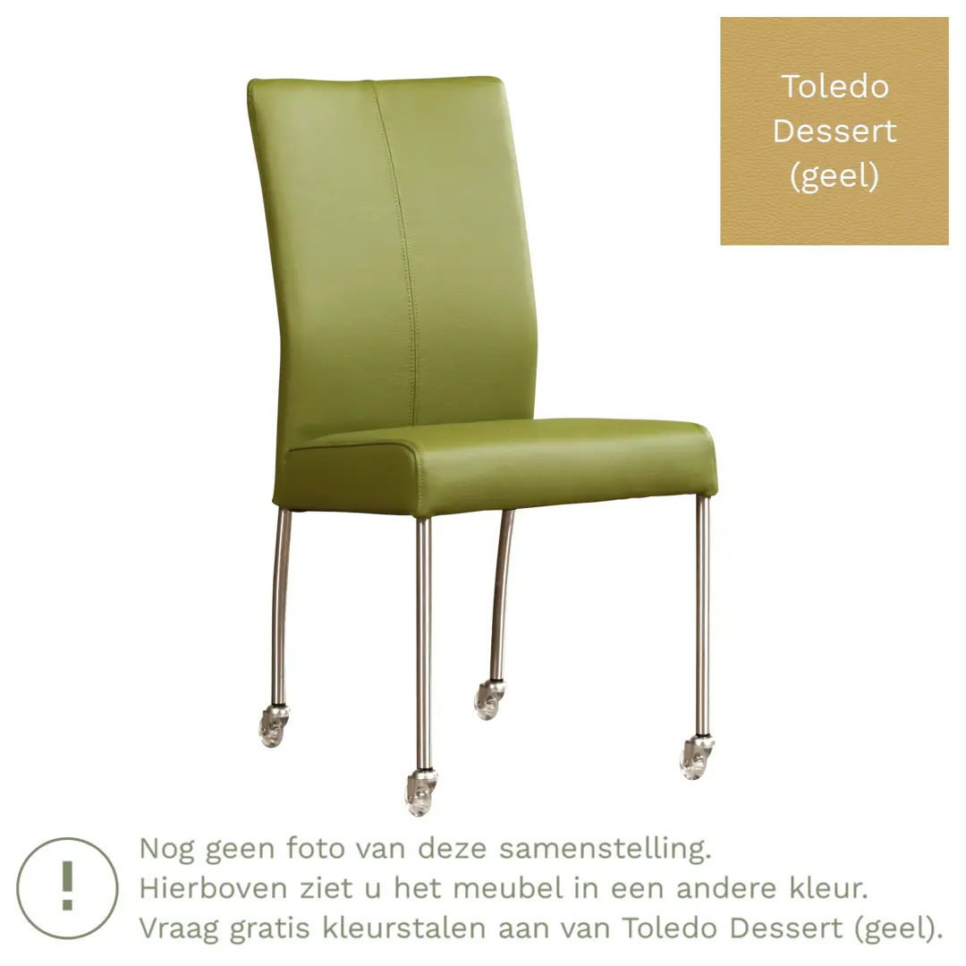 afbeelding van Leren eetkamerstoel Comfort met wieltjes - Toledo Dessert (geel) - Poten staal vierkant zwart