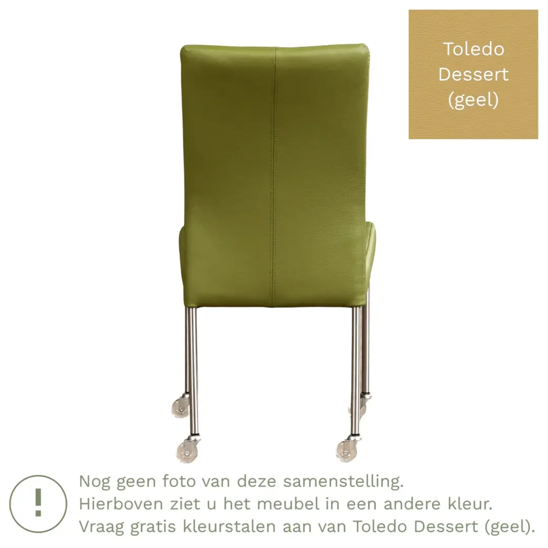 afbeelding van Leren eetkamerstoel Comfort met wieltjes - Toledo Dessert (geel) - Poten staal vierkant zwart