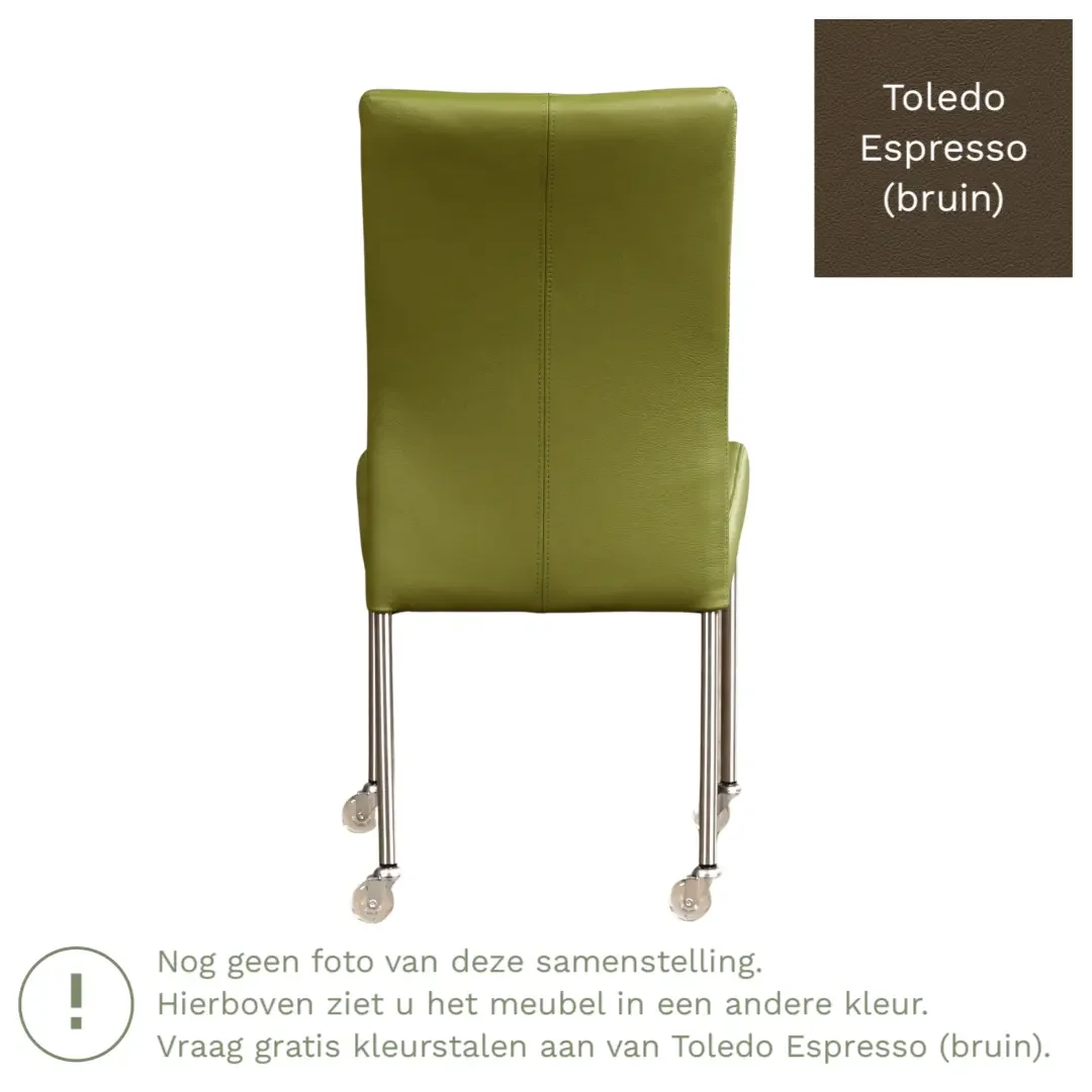 afbeelding van Leren eetkamerstoel Comfort met wieltjes - Toledo Espresso (bruin) - Poten staal vierkant RVS