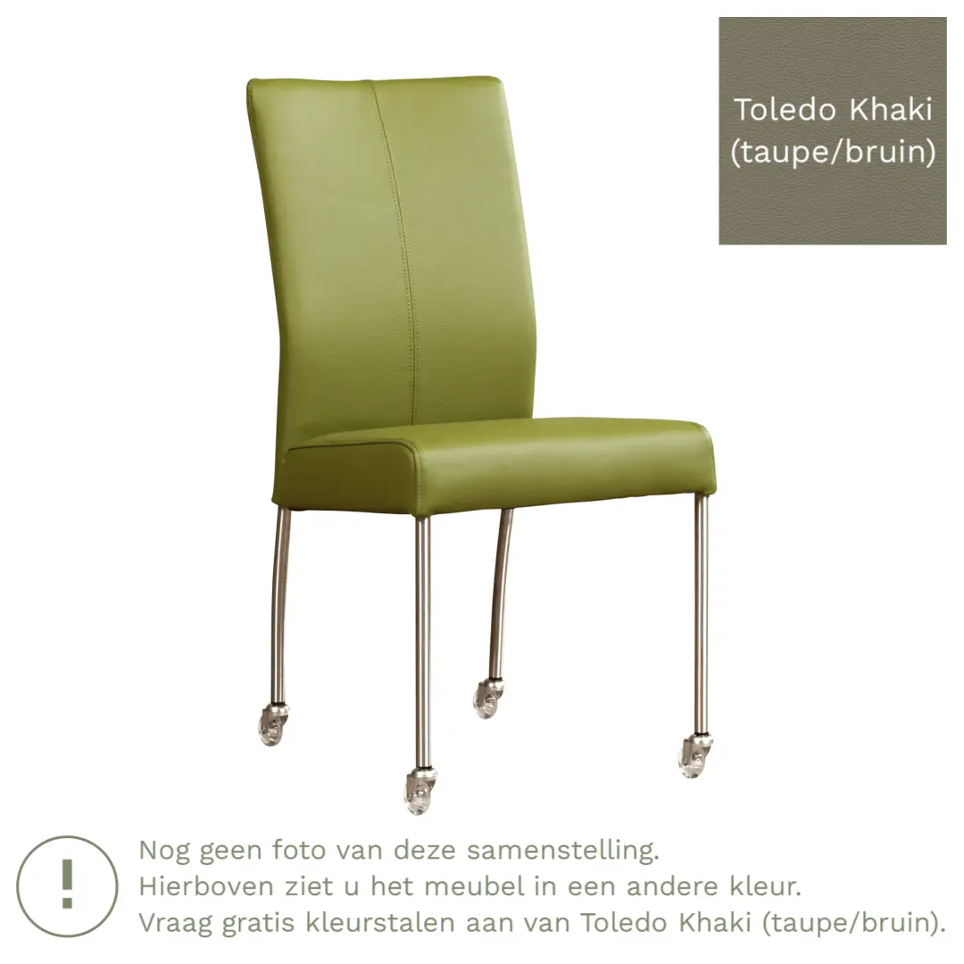 afbeelding van Leren eetkamerstoel Comfort met wieltjes - Toledo Khaki (taupe/bruin) - Poten staal vierkant RVS