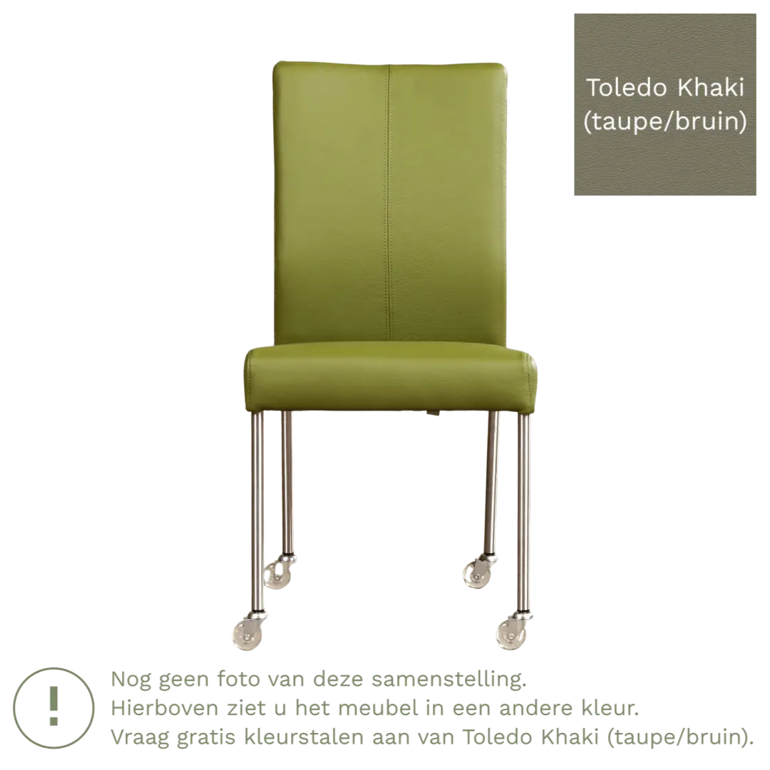 afbeelding van Leren eetkamerstoel Comfort met wieltjes - Toledo Khaki (taupe/bruin) - Poten staal vierkant RVS
