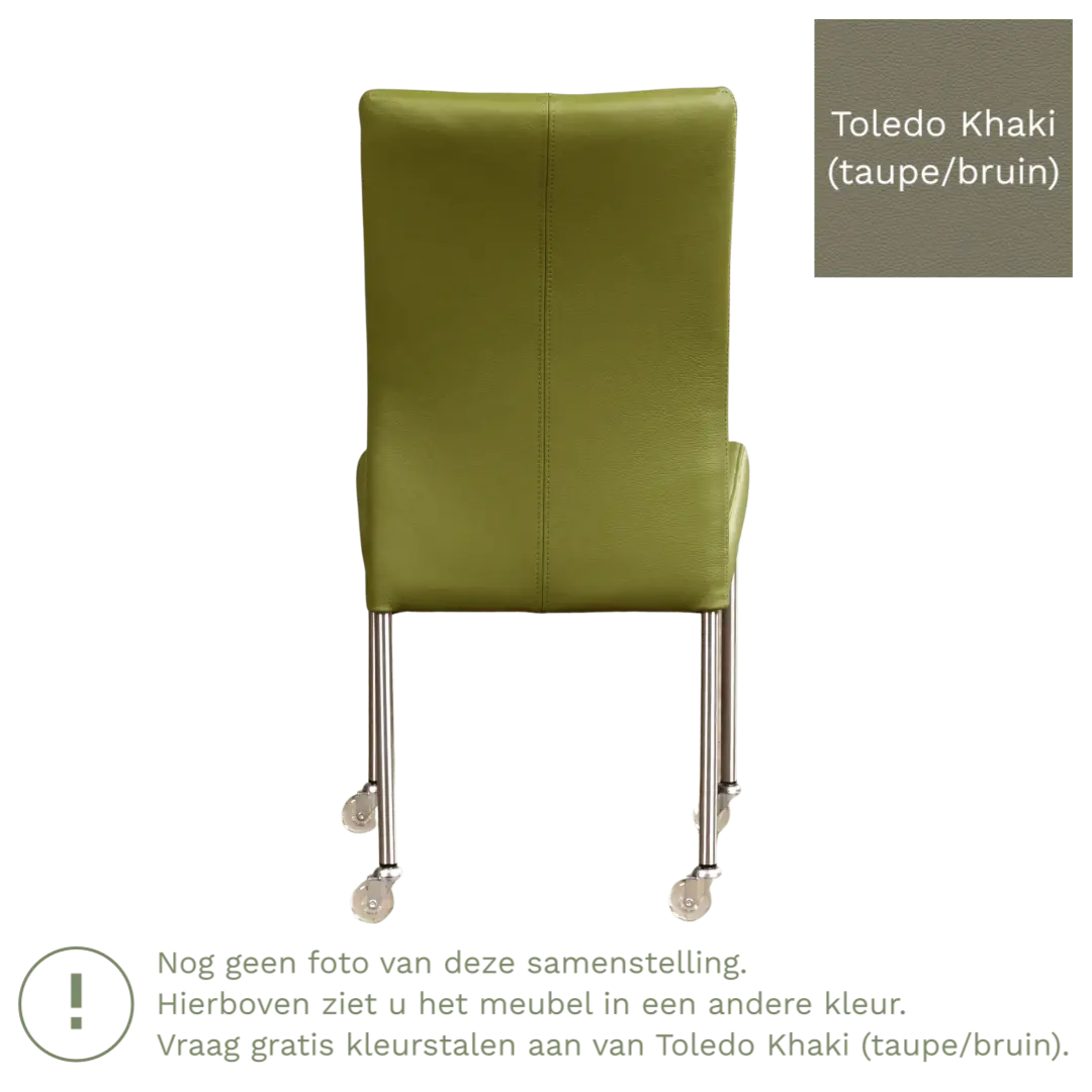 afbeelding van Leren eetkamerstoel Comfort met wieltjes - Toledo Khaki (taupe/bruin) - Poten staal vierkant RVS