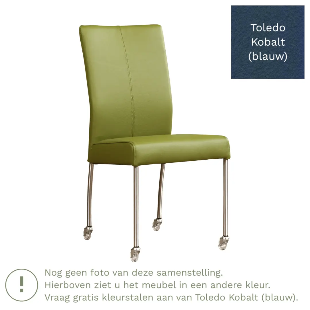 afbeelding van Leren eetkamerstoel Comfort met wieltjes - Toledo Kobalt (blauw) - Poten staal vierkant RVS