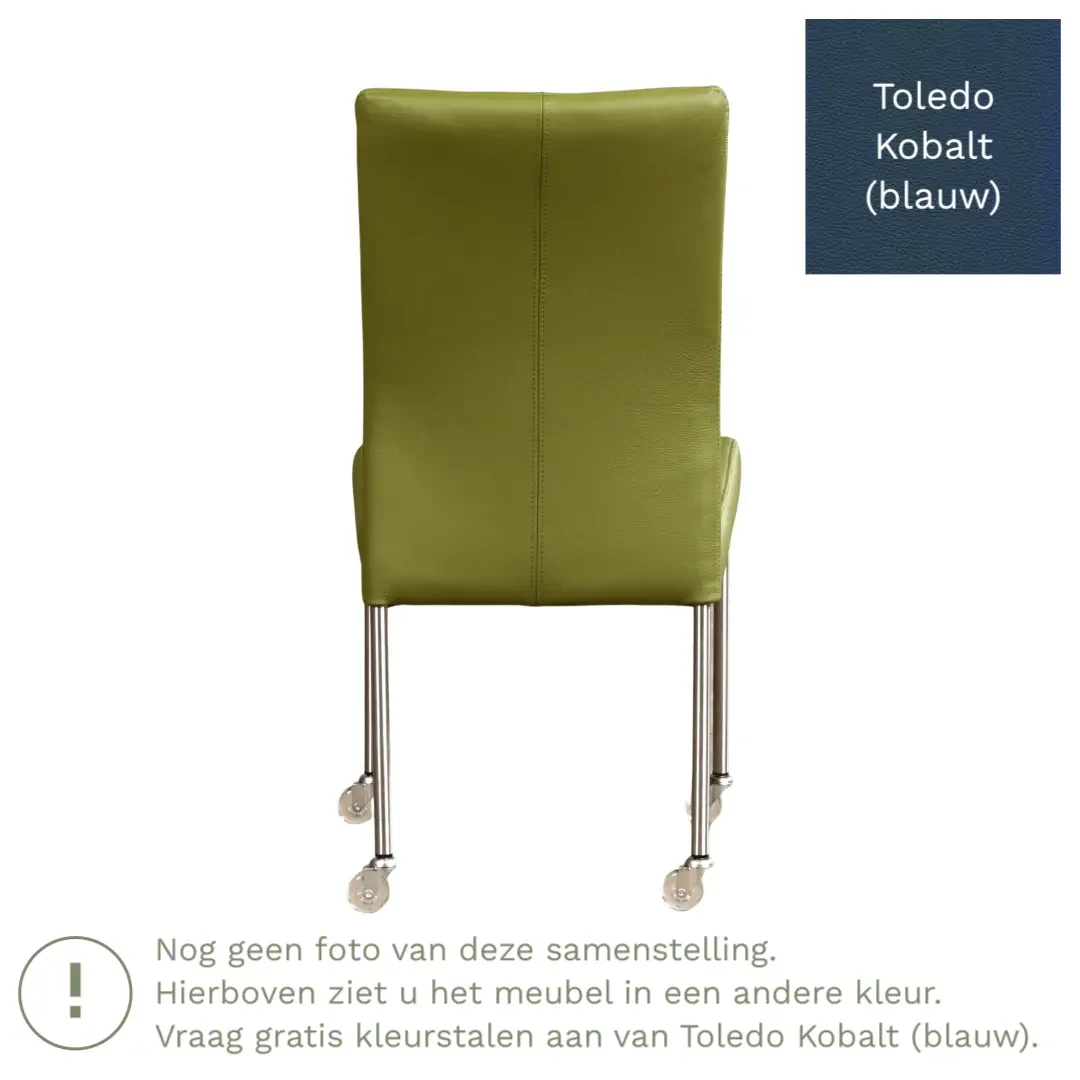 afbeelding van Leren eetkamerstoel Comfort met wieltjes - Toledo Kobalt (blauw) - Poten staal vierkant RVS