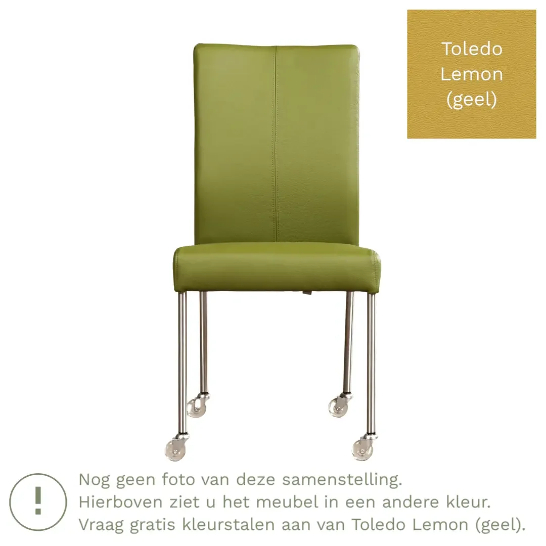 afbeelding van Leren eetkamerstoel Comfort met wieltjes - Toledo Lemon (geel) - Poten staal rond zwart