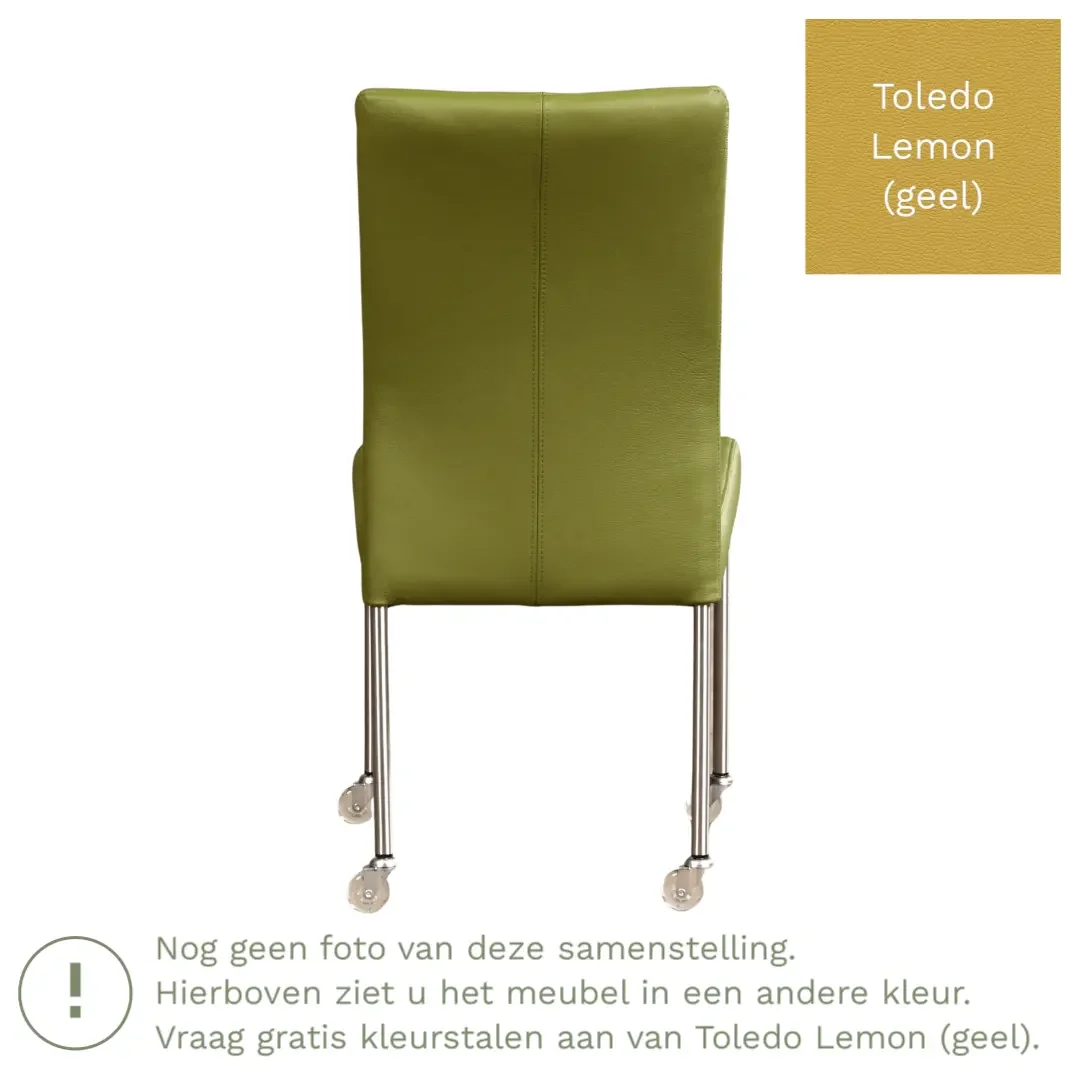afbeelding van Leren eetkamerstoel Comfort met wieltjes - Toledo Lemon (geel) - Poten staal rond zwart