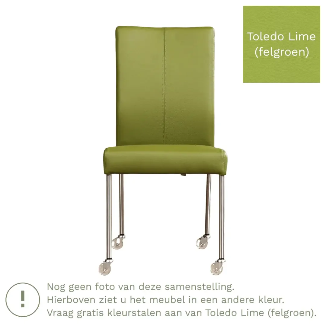 afbeelding van Leren eetkamerstoel Comfort met wieltjes - Toledo Lime (felgroen) - Poten staal rond zwart