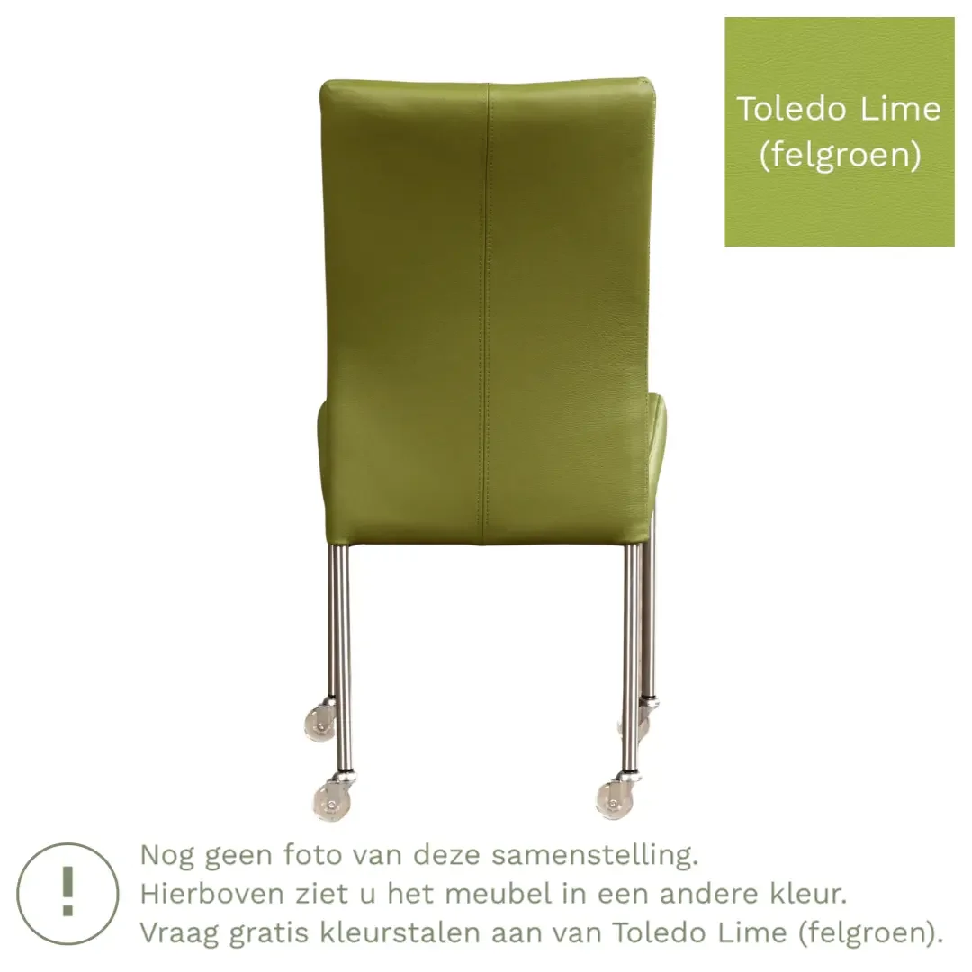 afbeelding van Leren eetkamerstoel Comfort met wieltjes - Toledo Lime (felgroen) - Poten staal rond zwart
