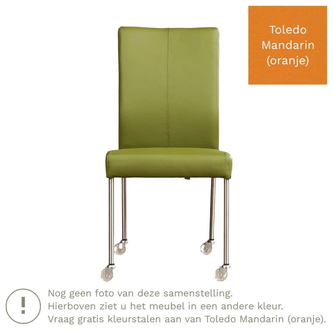 afbeelding van Leren eetkamerstoel Comfort met wieltjes - Toledo Mandarin (oranje) - Poten staal vierkant RVS