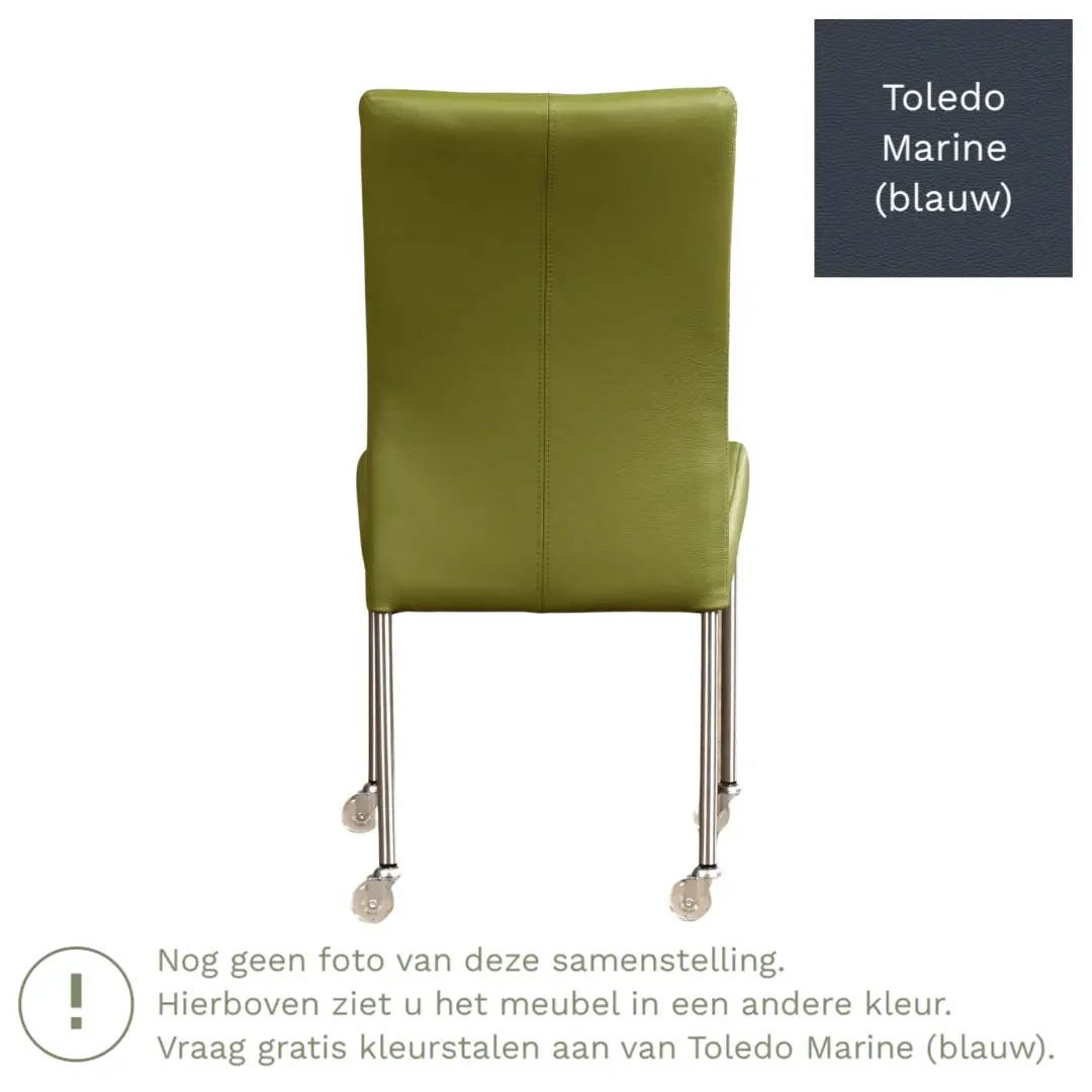 afbeelding van Leren eetkamerstoel Comfort met wieltjes - Toledo Marine (blauw) - Poten staal vierkant RVS