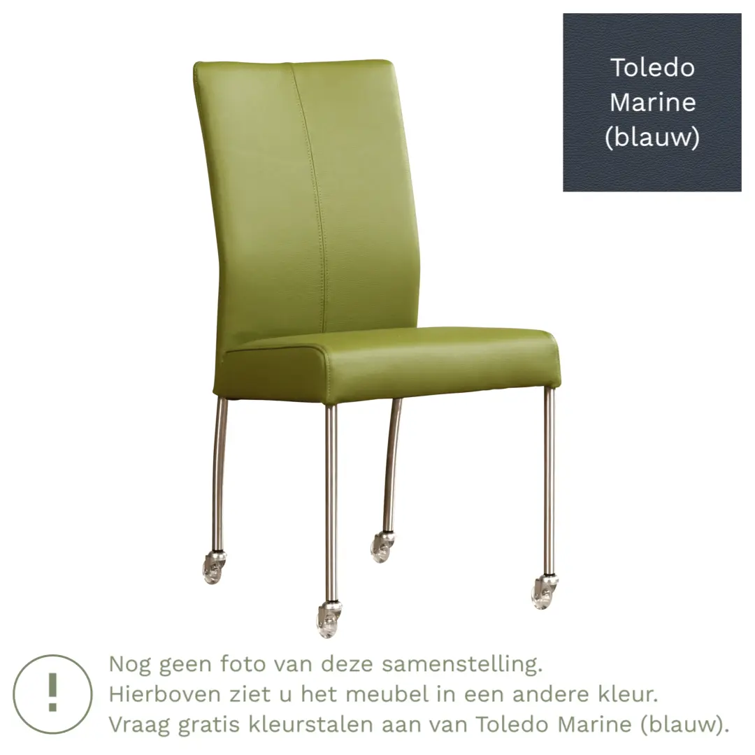 afbeelding van Leren eetkamerstoel Comfort met wieltjes - Toledo Marine (blauw) - Poten staal vierkant zwart