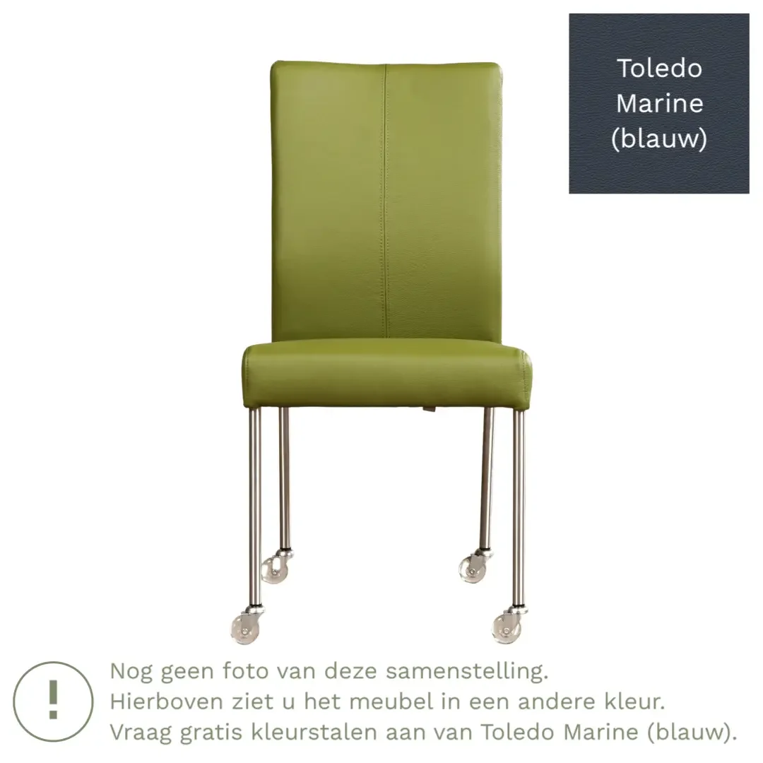 afbeelding van Leren eetkamerstoel Comfort met wieltjes - Toledo Marine (blauw) - Poten staal vierkant zwart