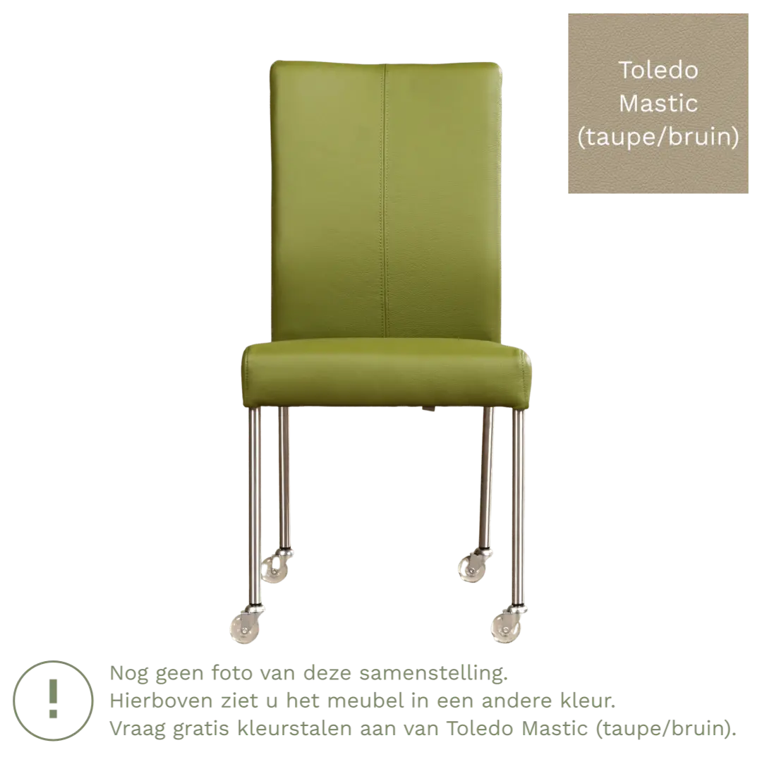 afbeelding van Leren eetkamerstoel Comfort met wieltjes - Toledo Mastic (taupe/bruin) - Poten staal rond zwart