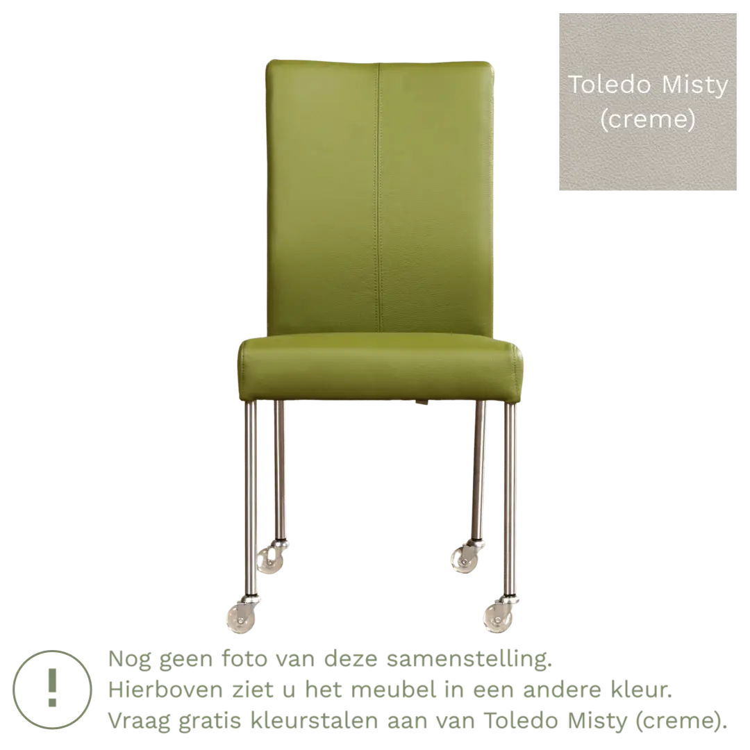 afbeelding van Leren eetkamerstoel Comfort met wieltjes - Toledo Misty (crème) - Poten staal rond RVS