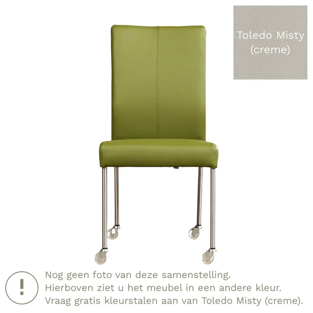 afbeelding van Leren eetkamerstoel Comfort met wieltjes - Toledo Misty (crème) - Poten staal rond zwart