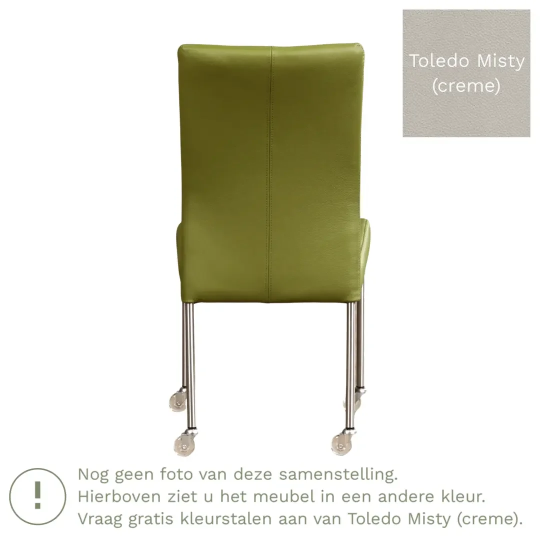 afbeelding van Leren eetkamerstoel Comfort met wieltjes - Toledo Misty (crème) - Poten staal rond zwart