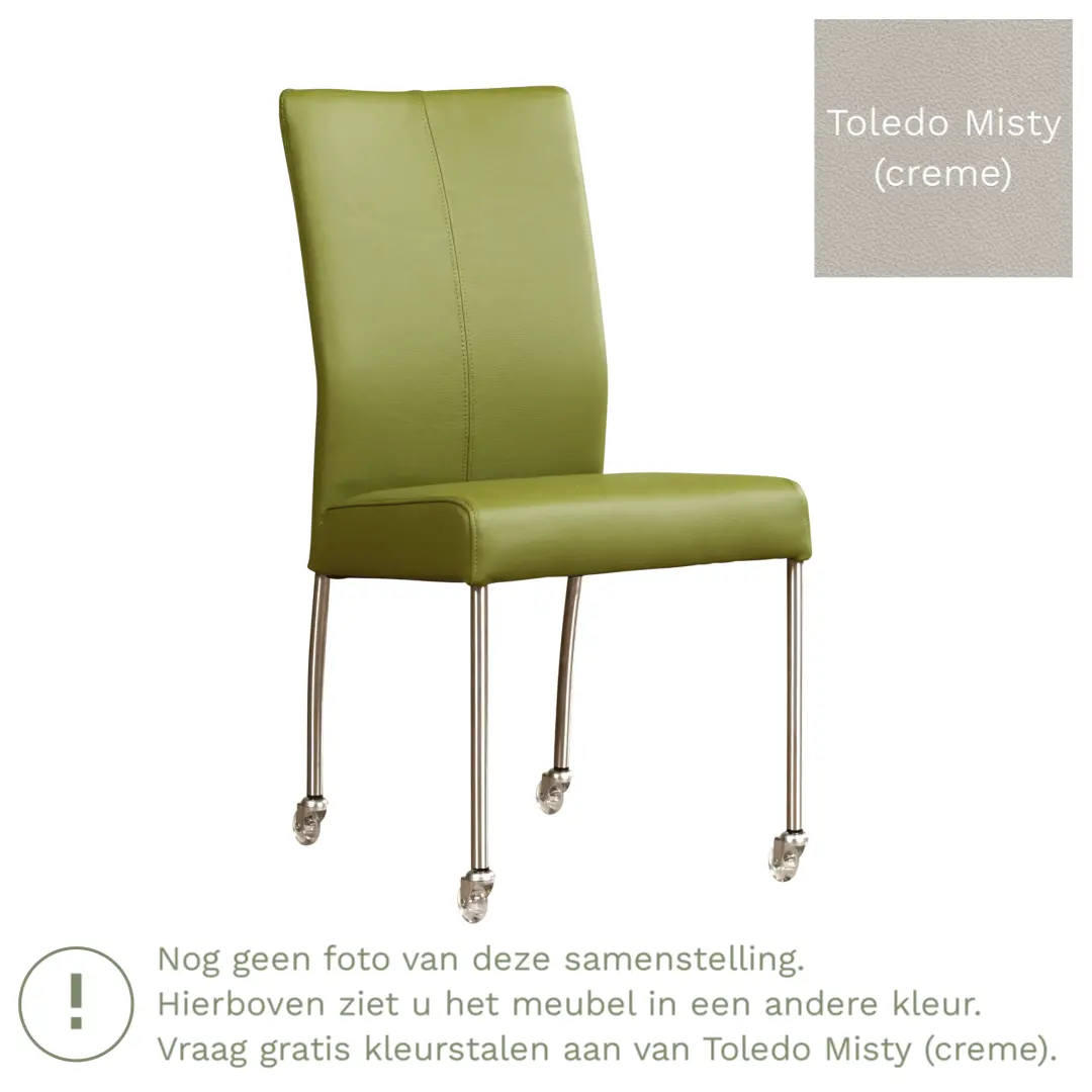 afbeelding van Leren eetkamerstoel Comfort met wieltjes - Toledo Misty (crème) - Poten staal vierkant RVS