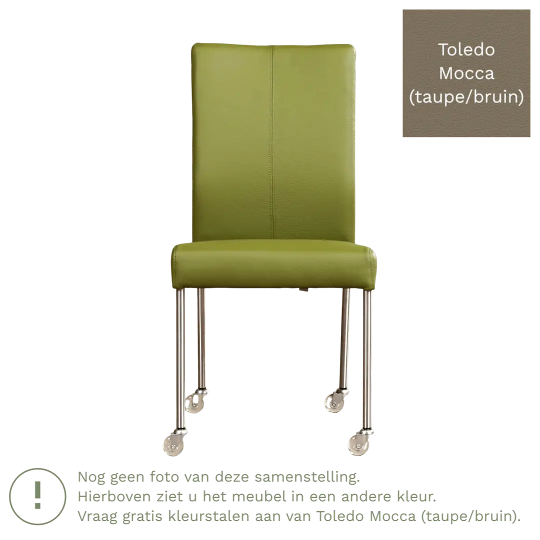 afbeelding van Leren eetkamerstoel Comfort met wieltjes - Toledo Mocca (taupe/bruin) - Poten staal vierkant zwart