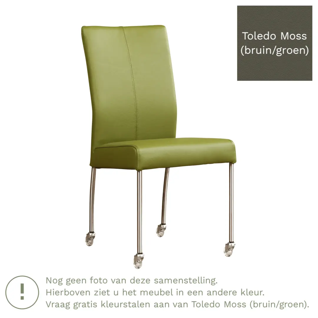 afbeelding van Leren eetkamerstoel Comfort met wieltjes - Toledo Moss (bruin/groen) - Poten staal rond zwart