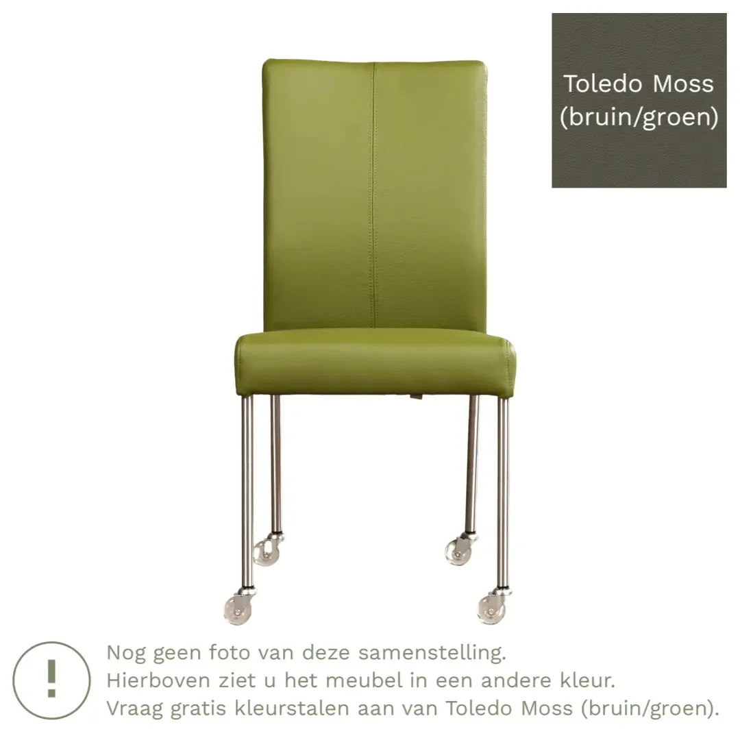 afbeelding van Leren eetkamerstoel Comfort met wieltjes - Toledo Moss (bruin/groen) - Poten staal rond zwart