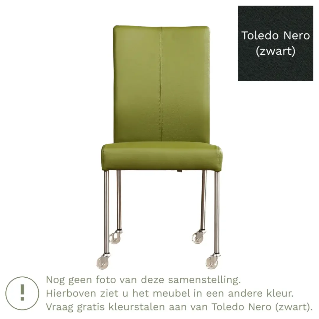 afbeelding van Leren eetkamerstoel Comfort met wieltjes - Toledo Nero (zwart) - Poten staal rond RVS