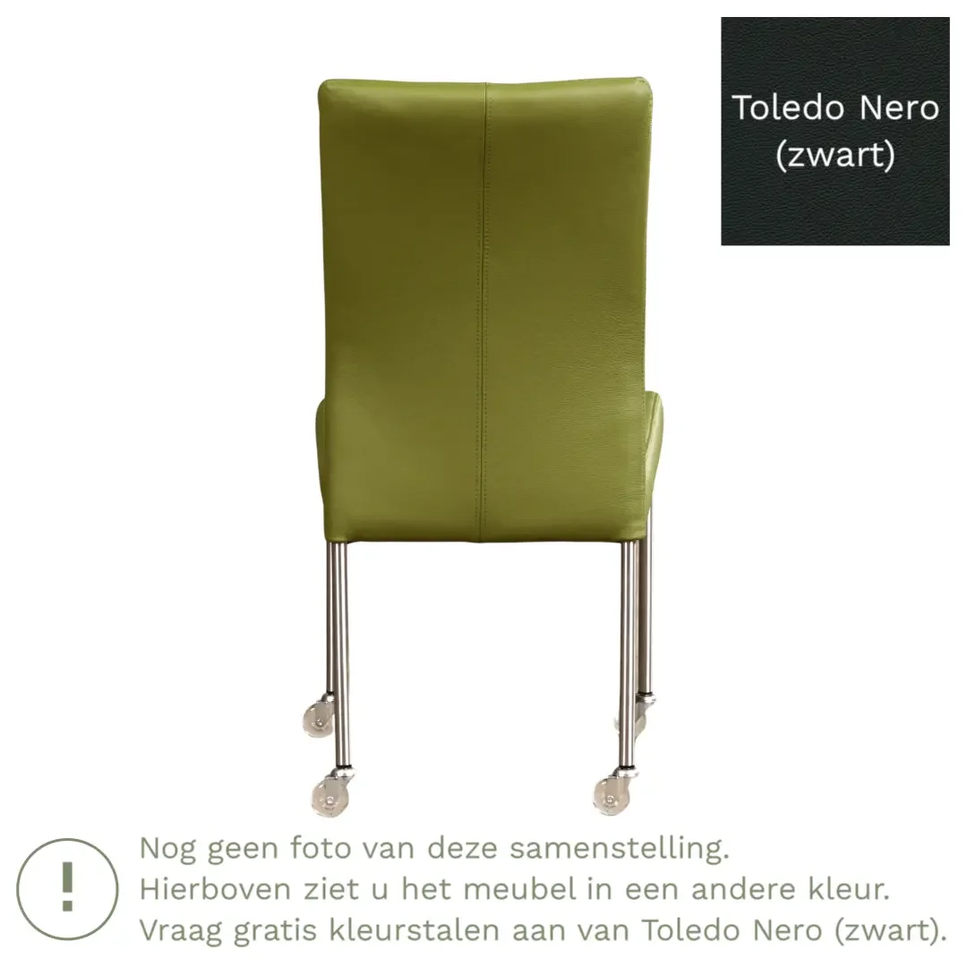 afbeelding van Leren eetkamerstoel Comfort met wieltjes - Toledo Nero (zwart) - Poten staal rond RVS