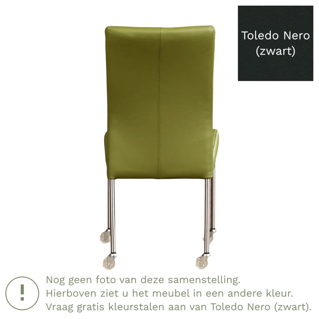 afbeelding van Leren eetkamerstoel Comfort met wieltjes - Toledo Nero (zwart) - Poten staal vierkant RVS