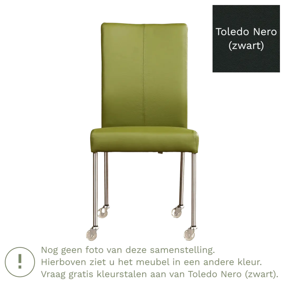 afbeelding van Leren eetkamerstoel Comfort met wieltjes - Toledo Nero (zwart) - Poten staal vierkant zwart