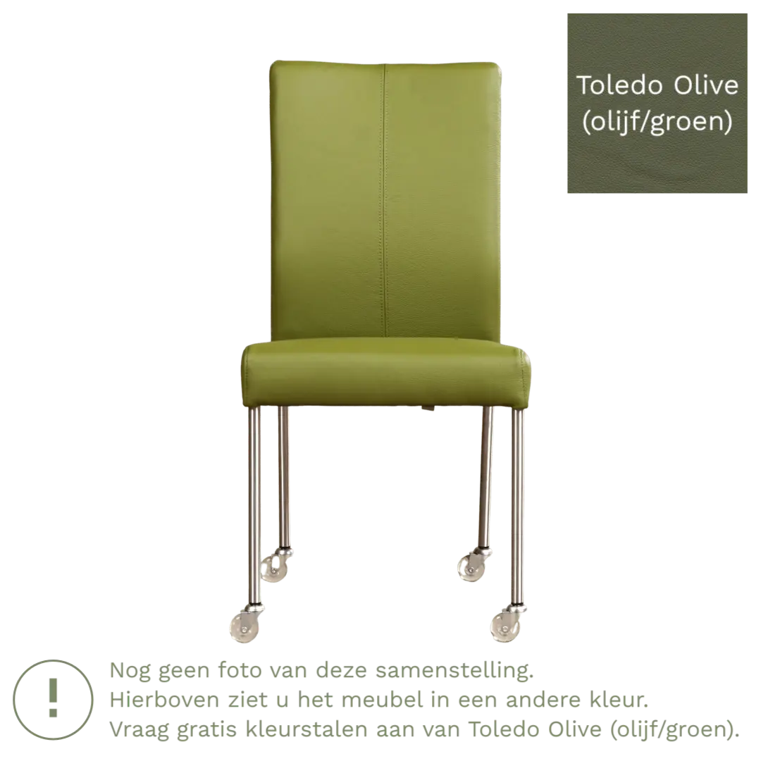 afbeelding van Leren eetkamerstoel Comfort met wieltjes - Toledo Olive (olijf/goen) - Poten staal rond zwart