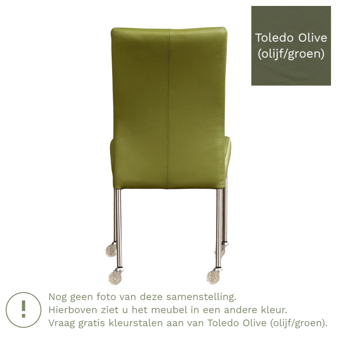 afbeelding van Leren eetkamerstoel Comfort met wieltjes - Toledo Olive (olijf/goen) - Poten staal rond zwart