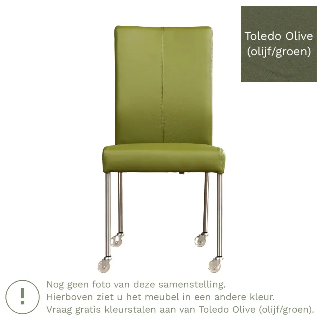 afbeelding van Leren eetkamerstoel Comfort met wieltjes - Toledo Olive (olijf/goen) - Poten staal vierkant zwart