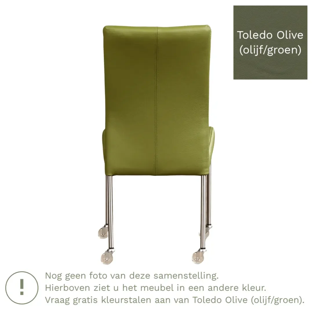 afbeelding van Leren eetkamerstoel Comfort met wieltjes - Toledo Olive (olijf/goen) - Poten staal vierkant zwart