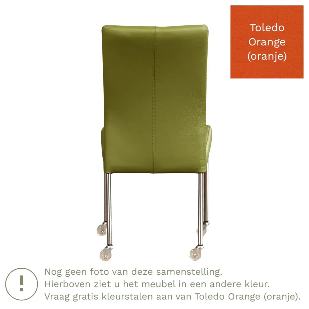 afbeelding van Leren eetkamerstoel Comfort met wieltjes - Toledo Orange (oranje) - Poten staal vierkant RVS