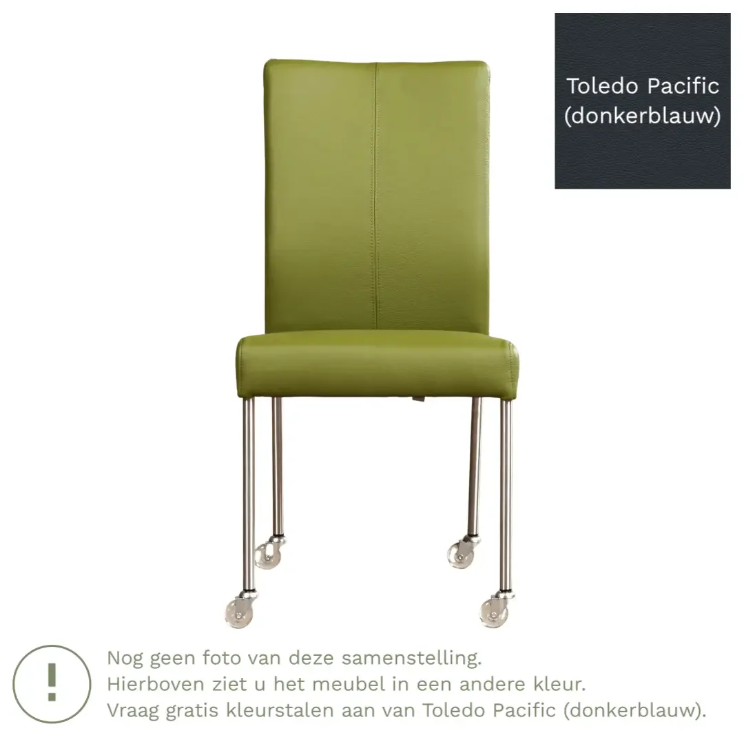 afbeelding van Leren eetkamerstoel Comfort met wieltjes - Toledo Pacific (donkerblauw) - Poten staal rond RVS