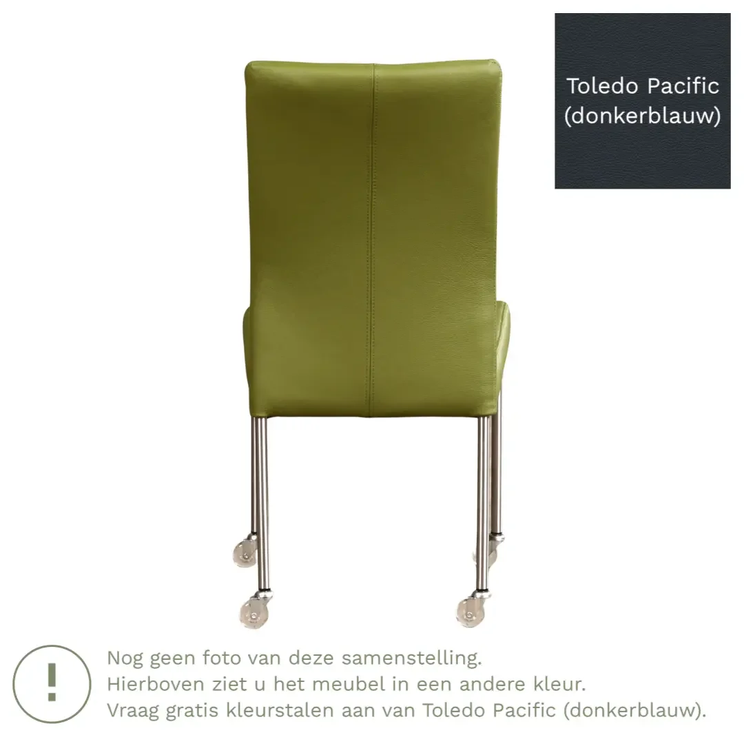 afbeelding van Leren eetkamerstoel Comfort met wieltjes - Toledo Pacific (donkerblauw) - Poten staal rond RVS