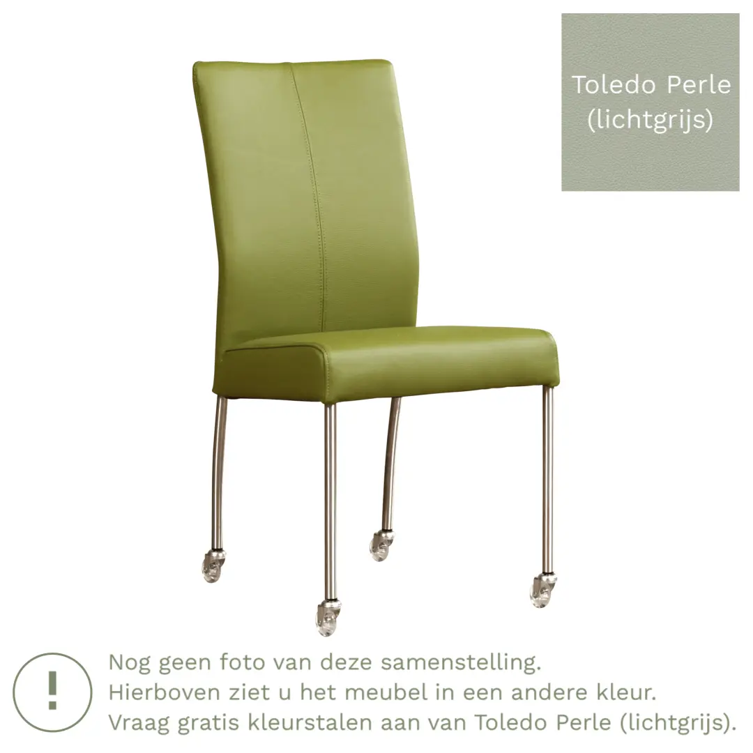 afbeelding van Leren eetkamerstoel Comfort met wieltjes - Toledo Perle (lichtgrijs) - Poten staal vierkant zwart