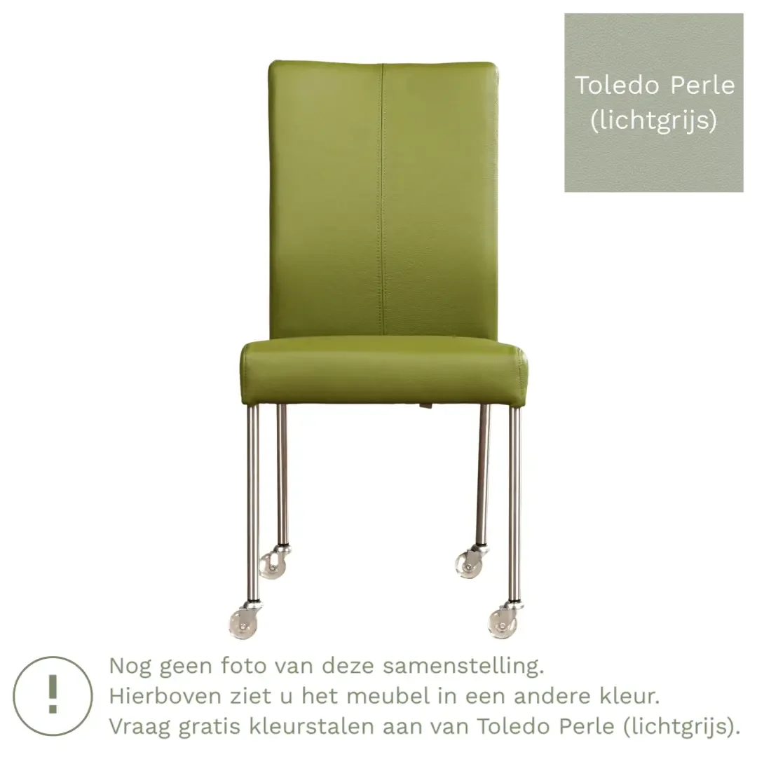afbeelding van Leren eetkamerstoel Comfort met wieltjes - Toledo Perle (lichtgrijs) - Poten staal vierkant zwart