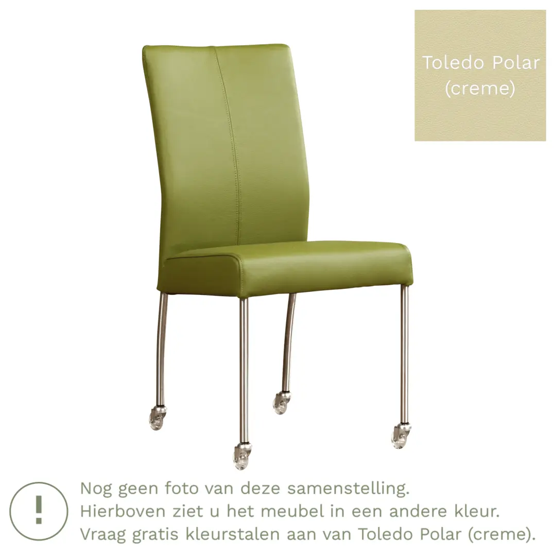 afbeelding van Leren eetkamerstoel Comfort met wieltjes - Toledo Polar (crème) - Poten staal rond RVS